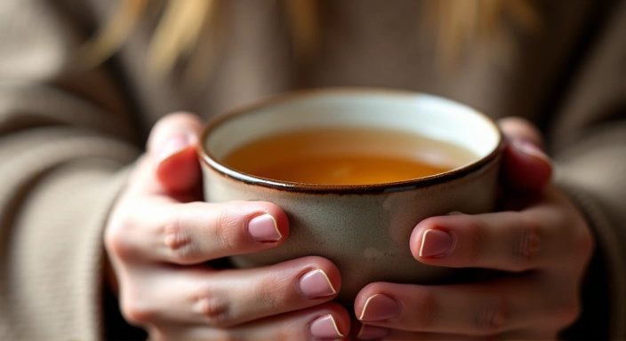 Hands holding a cup of herbal tea with steam rising