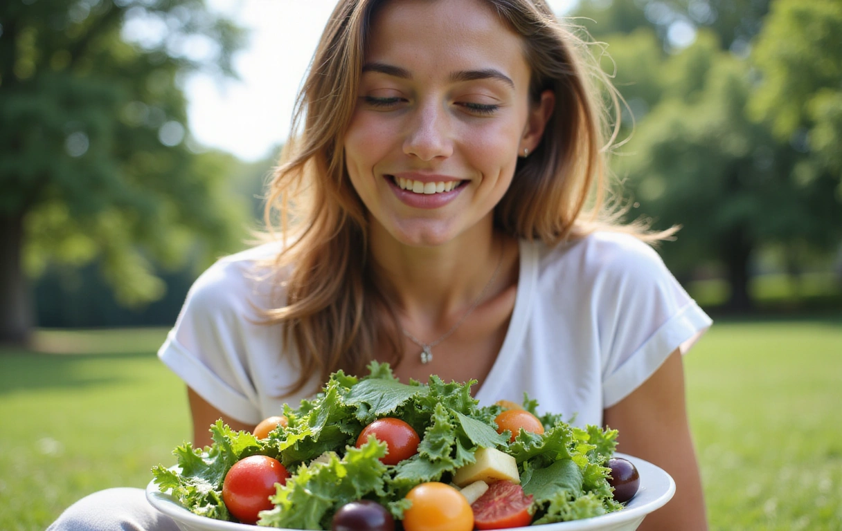 Person enjoying a fresh, vibrant salad outdoors, symbolizing holistic well-being